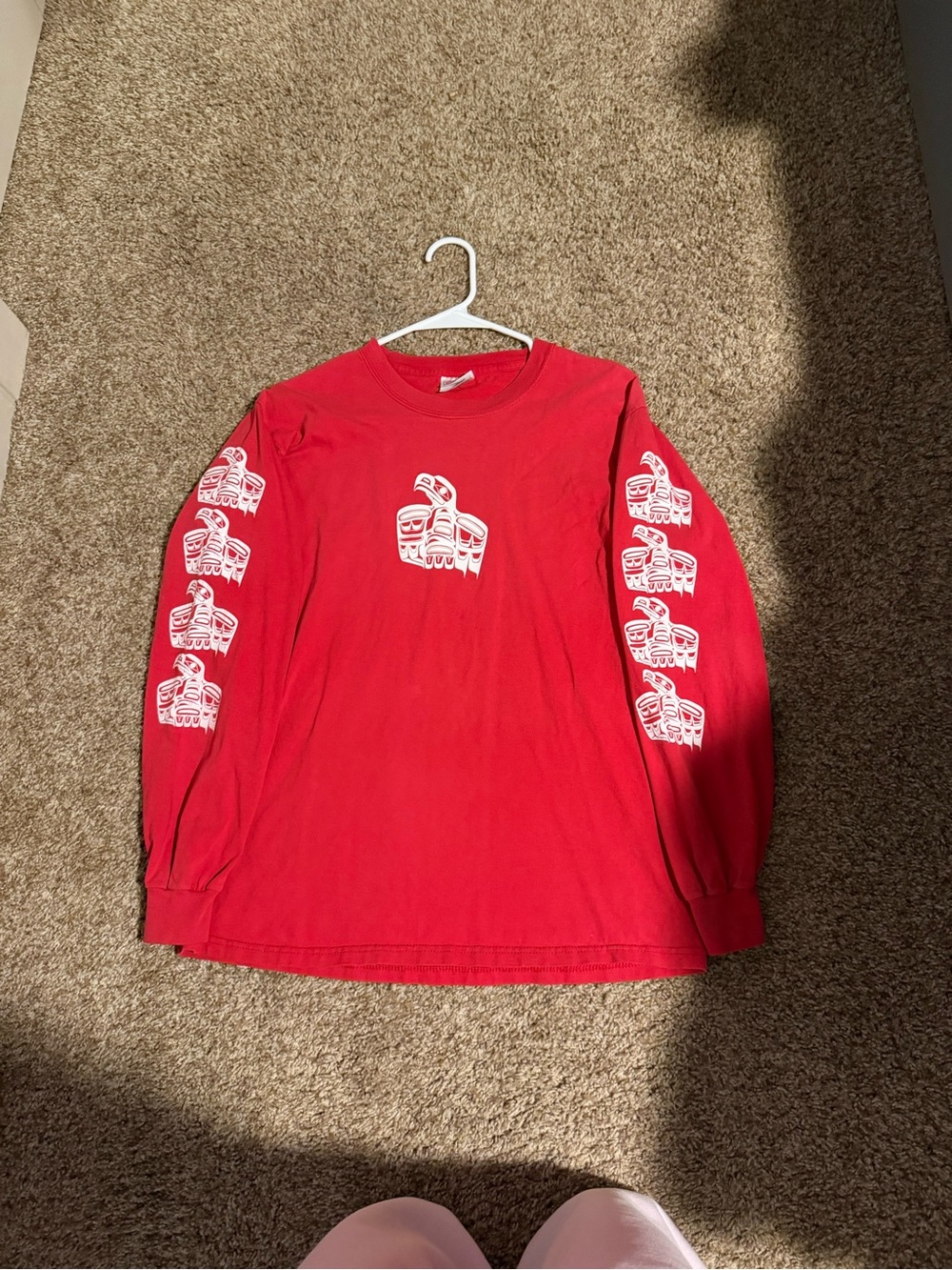 Hanes Red Long-Sleeve Kids Tee with White Tribal Graphic